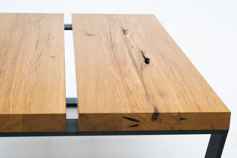 Reclaimed oak and steel split coffee table